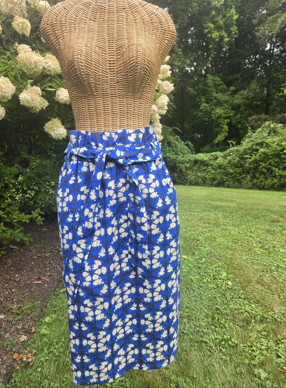 Blue Floral Geo Tie-Waist Midi Skirt
